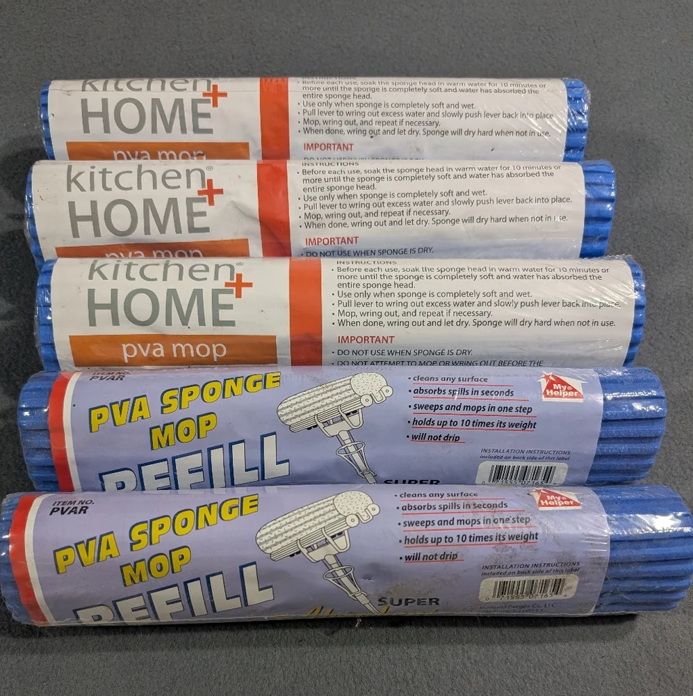 (5) PVA sponge mop‎ head refills NEW blue